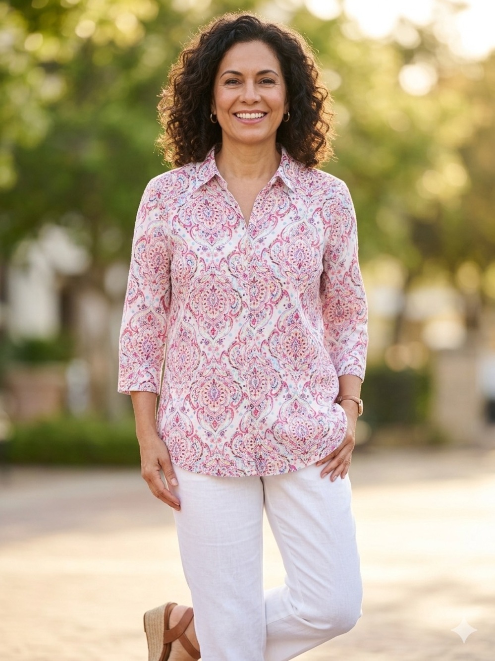 Chico’s Linen Mandala print Button up Top Sz1
